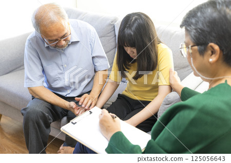 Parents telling the psychologist about family or child problems. Depressed girl and her parent or grandpa having session with psychiatrist in clinic. Parents telling the psychologist about family or child problems. Depressed girl and her parent or grandpa having session with psychiatrist in clinic. 125056643