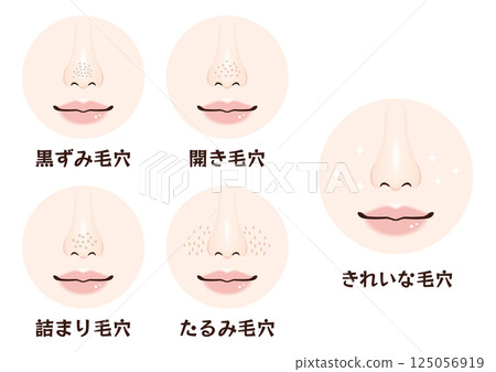 Set of 4 types of nose pore troubles | Close-up images of blackheads, open pores, clogged pores, and sagging pores Set of 4 types of nose pore troubles | Close-up images of blackheads, open pores, clogged pores, and sagging pores 125056919