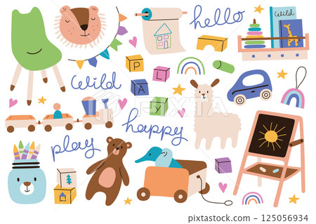 Cute collection of kids room toys, furniture, and accessories. Modern nursery decor with teddy bear, children books, drawing easel, cars, toy blocks, and creative elements. Flat cartoon doddles set 125056934