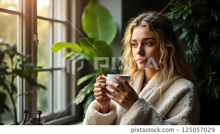 A woman with blonde hair near window with a cup of tea or coffee. A woman with blonde hair near window with a cup of tea or coffee. 125057029