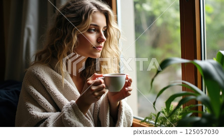 A woman with blonde hair near window with a cup of tea or coffee. A woman with blonde hair near window with a cup of tea or coffee. 125057030