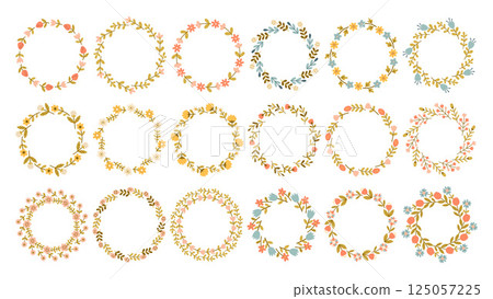 Spring flower circle frame big set. Floral circle frame. Hand drawn botanical round border, laurel, wreath with branches, leaves and flowers illustration for wedding invitation, card, logo 125057225