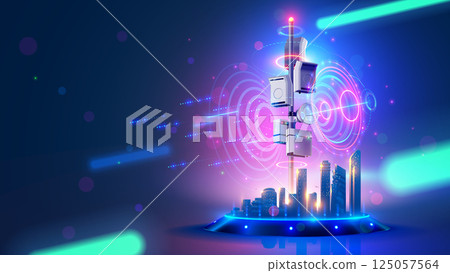 5g cell network communication tower or antenna transmits wireless signal on smart city. Cellular high speed internet. 5g or 6g telecommunication technology. Cellular Antenna for wireless network. 125057564