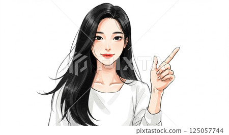 人工智慧生成的水彩畫，描繪了一位年輕女子指著 125057744