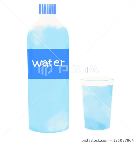 Watercolor style glass of water and plastic bottle 125057964