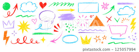 Kid color pencil hand drawn line element set. Chalk pencil hand drawn doodle sketch texture color kid crayon arrow, heart, cloud shape set. Texture chalk, crayon pencil style. Vector 125057994