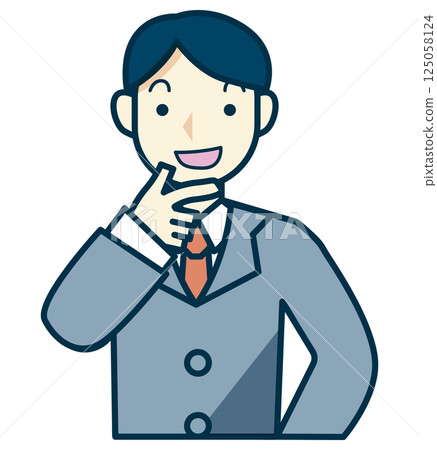 Illustration of a man in a gray suit laughing with his hand over his face 125058124