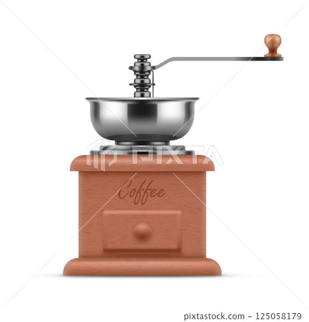 Classic manual coffee grinder. Vintage coffee mill in wooden case. Kitchen utensils or barista equipment realistic vector illustration isolated on white background 125058179