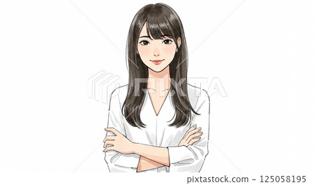 AI-generated watercolor illustration of a young woman with her arms folded AI-generated watercolor illustration of a young woman with her arms folded 125058195
