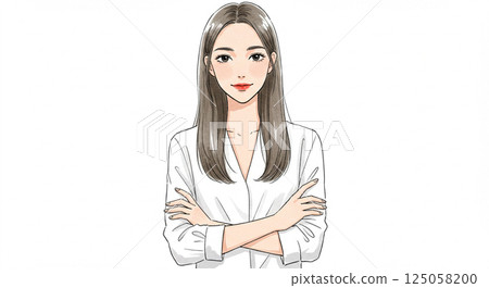 AI-generated watercolor illustration of a young woman with her arms folded 125058200