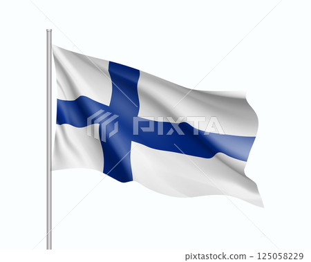 Waving flag of Finland state. Illustration of European country flag on flagpole. Vector 3d icon isolated on white background 125058229