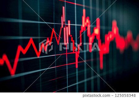A dark, dramatic financial chart with red and black tones, illustrating a sharp stock market decline. The graph shows falling bars and downward trends 125058348