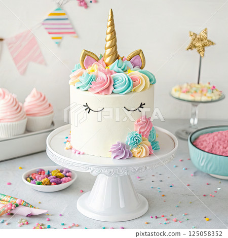 "Unicorn-themed birthday cake with pastel colors, sweet dessert decorated with stars, sprinkles, and a golden horn, whimsical and magical atmosphere, soft lighting, festive party setting with balloons 125058352