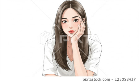 一位微笑的年輕女性用手托著下巴的插圖 - 水彩風格的 AI 生成圖像 125058437