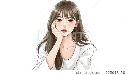 一位微笑的年輕女性用手托著下巴的插圖 - 水彩風格的 AI 生成圖像 125058438