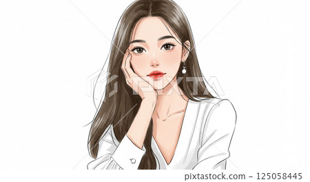 一位微笑的年輕女性用手托著下巴的插圖 - 水彩風格的 AI 生成圖像 一位微笑的年輕女性用手托著下巴的插圖 - 水彩風格的 AI 生成圖像 125058445