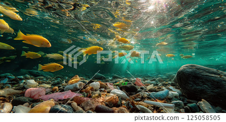 Underwater scene with yellow fish swimming among plastic waste and rocks, sunlight filtering 125058505