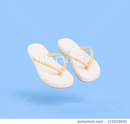 3d white summer slippers for beach or pool isolated on blue background. Realistic flip flop, plastic sandals, rubber shoes for tropical vacation, hotel spa or home Cartoon render icon. 3D illustration 3d white summer slippers for beach or pool isolated on blue background. Realistic flip flop, plastic sandals, rubber shoes for tropical vacation, hotel spa or home Cartoon render icon. 3D illustration 125058692