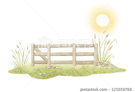 Wooden farm fence on grass ground with sun watercolor illustration isolated on white background. Rustic countryside sunrise landscape clipart. Outdoor wooden village decor 125058768