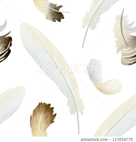 Watercolor feathers seamless pattern with white and brown goose chicken down. Simple hand drawn bird background for monochrome farm and Easter designs Watercolor feathers seamless pattern with white and brown goose chicken down. Simple hand drawn bird background for monochrome farm and Easter designs 125058770