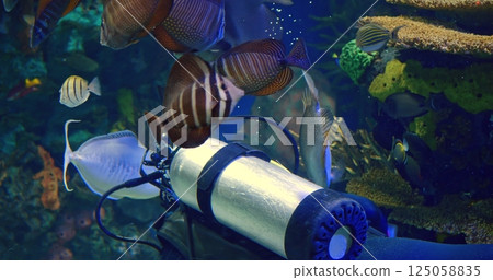 Toronto, Canada - May 6, 2023: Underwater scene bursts with diver exploring vibrant coral reef, coral coral hues radiate across frame, dynamic marine setting inspires creative vision. 125058835