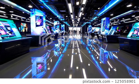 Luminous neon lighting highlighting sleek interior, glossy floor mirroring cutting edge digital screens displaying vivid graphics. Sale of TVs and Monitors Luminous neon lighting highlighting sleek interior, glossy floor mirroring cutting edge digital screens displaying vivid graphics. Sale of TVs and Monitors 125058901