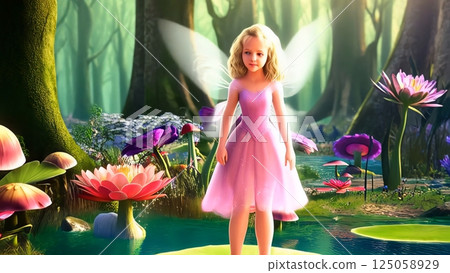 Fairy gliding softly through blooming wildflowers, casting mystical spell within verdant forest, radiating ethereal elegance and woodland wonder 125058929