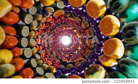 Colorful produce spinning in dynamic circular motion, converging toward luminous central point, generating hypnotic visual effect 125058931