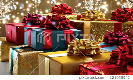 Festive gift boxes with luxurious ribbons nestled on golden surface, sparkling snowflakes drifting around wrapped presents 125058942