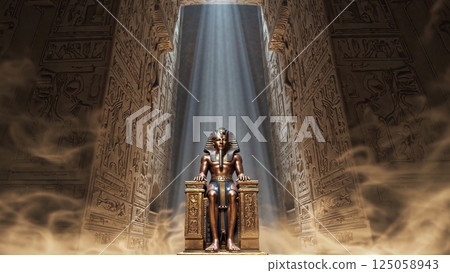 Golden anubis statue sitting regal on throne, ancient temple interior bathed in dramatic light, dust particles dancing mystically around deity 125058943