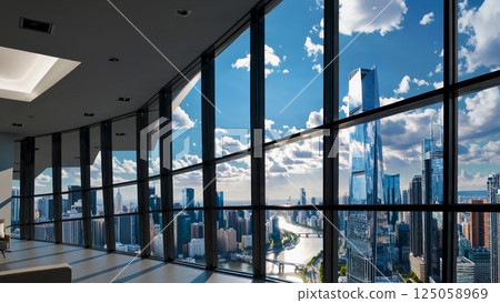 Modern minimalist office bathed in natural light, expansive windows revealing sleek urban landscape with winding river cutting through geometric architectural skyline Modern minimalist office bathed in natural light, expansive windows revealing sleek urban landscape with winding river cutting through geometric architectural skyline 125058969