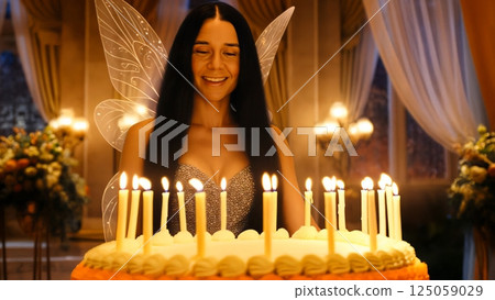 Fairy woman celebrating birthday, wearing sparkling dress with wings, enjoying magical moment near candlelit cake in enchanting ethereal room with glowing lights 125059029