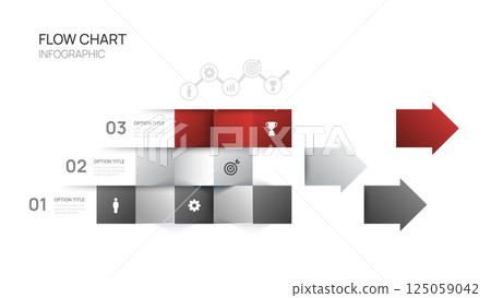Infographic flow chart arrow business template with icons and 3 options or steps vector design. 125059042