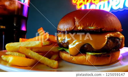 Melting cheddar draping over sizzling burger patty, resting between golden toasted buns, beside crisp golden fries and chilled soda, highlighting classic diner indulgence 125059147