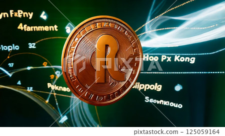 Digital coin rotating amid streaming data networks, symbolizing interconnected financial technology and virtual currency exchange in futuristic cyberspace environment 125059164
