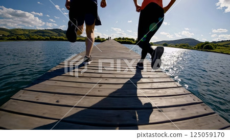 Athletes running on wooden pier over lake, casting long shadows during afternoon sunlight, capturing fitness moment with serene landscape backdrop Athletes running on wooden pier over lake, casting long shadows during afternoon sunlight, capturing fitness moment with serene landscape backdrop 125059170
