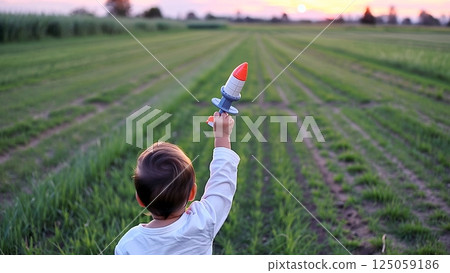 Young boy gripping toy rocket, standing amid golden lit grassland, dreaming of cosmic adventures with wide eyed imagination and limitless wondering 125059186
