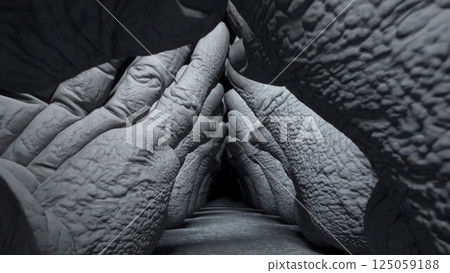 Weathered hands slowly interlacing, creating geometric tunnel pattern, representing human connection amid shadowy monochrome backdrop 125059188