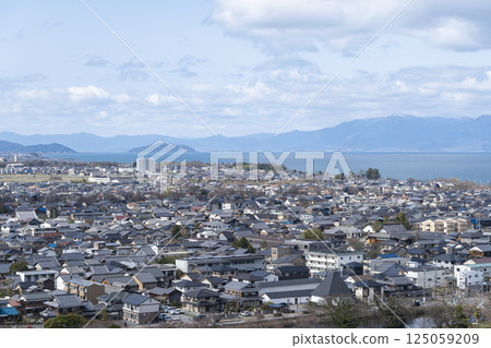 View of Hikone city and Lake Biwa from Hikone Castle 125059209