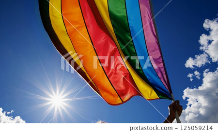 Rainbow flag waving boldly, symbolizing lgbtq plus pride, representing equality, freedom, and community connection against bright blue summer sky backdrop. Protection of rights and freedoms Rainbow flag waving boldly, symbolizing lgbtq plus pride, representing equality, freedom, and community connection against bright blue summer sky backdrop. Protection of rights and freedoms 125059214