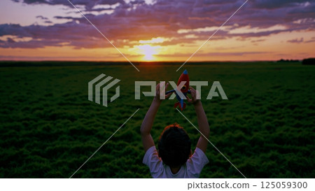 Boy lifting toy rocket toward sky, silhouetted against golden sunset meadow, capturing youthful dreams soaring beyond horizons. concept of carefree childhood 125059300