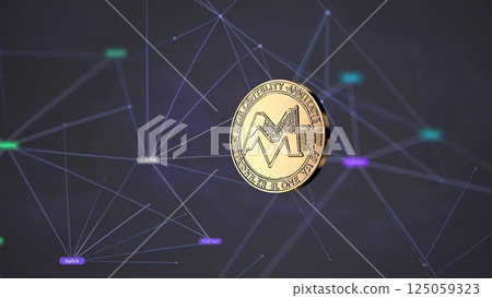 Golden maker mkr cryptocurrency coin spinning, reflecting digital network complexity against white backdrop, symbolizing blockchain financial transformation 125059323