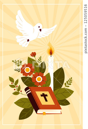 White Divine Dove and Holy Scriptures, Bible Book with burning candle, flower. Pentecost Sunday Holy Spirit. Catholic, Christian Religious Holiday. Vertical Poster Biblical Series. Vector Illustration White Divine Dove and Holy Scriptures, Bible Book with burning candle, flower. Pentecost Sunday Holy Spirit. Catholic, Christian Religious Holiday. Vertical Poster Biblical Series. Vector Illustration 125059516