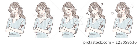A set of five illustrations of women's facial expressions expressing crossing their arms, worry, thinking, confusion, and anger 125059530