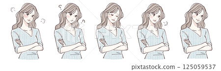 A set of five illustrations of women's facial expressions expressing crossing their arms, worry, thinking, confusion, and anger 125059537