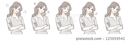 A set of five illustrations of women's facial expressions expressing crossing their arms, worry, thinking, confusion, and anger A set of five illustrations of women's facial expressions expressing crossing their arms, worry, thinking, confusion, and anger 125059541