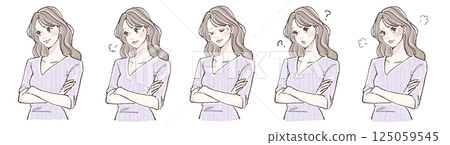 A set of five illustrations of women's facial expressions expressing crossing their arms, worry, thinking, confusion, and anger 125059545