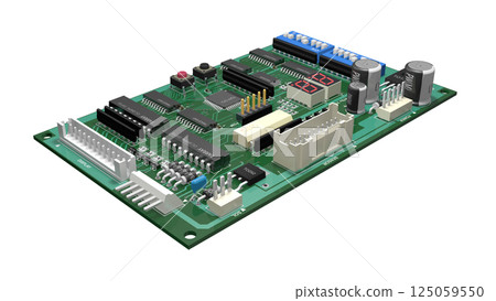 3D image of a printed circuit board with digital ICs mounted 3D image of a printed circuit board with digital ICs mounted 125059550