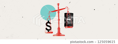 Unbalanced red scale shows oil outweighing dollar, illustrating shift in global value and energy-driven market power. 125059615