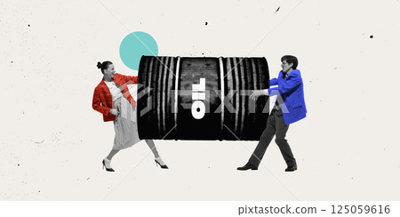 Woman and man holding massive oil barrel together symbolizing economic tension and struggle over energy resources. 125059616